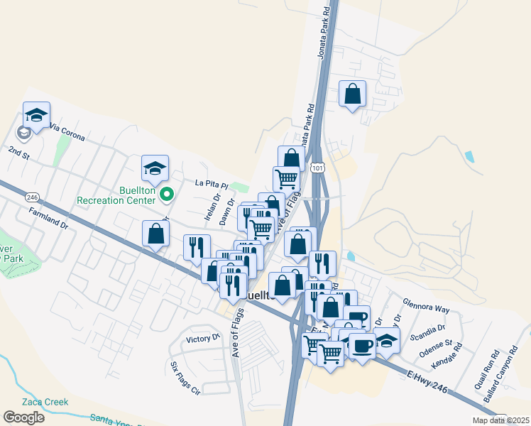 map of restaurants, bars, coffee shops, grocery stores, and more near 545 Avenue Of The Flags in Buellton