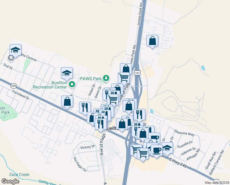 map of restaurants, bars, coffee shops, grocery stores, and more near 558 Central Avenue in Buellton