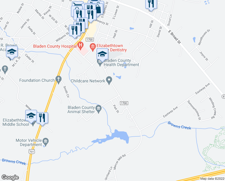 map of restaurants, bars, coffee shops, grocery stores, and more near 510 Mercer Mill Road in Elizabethtown