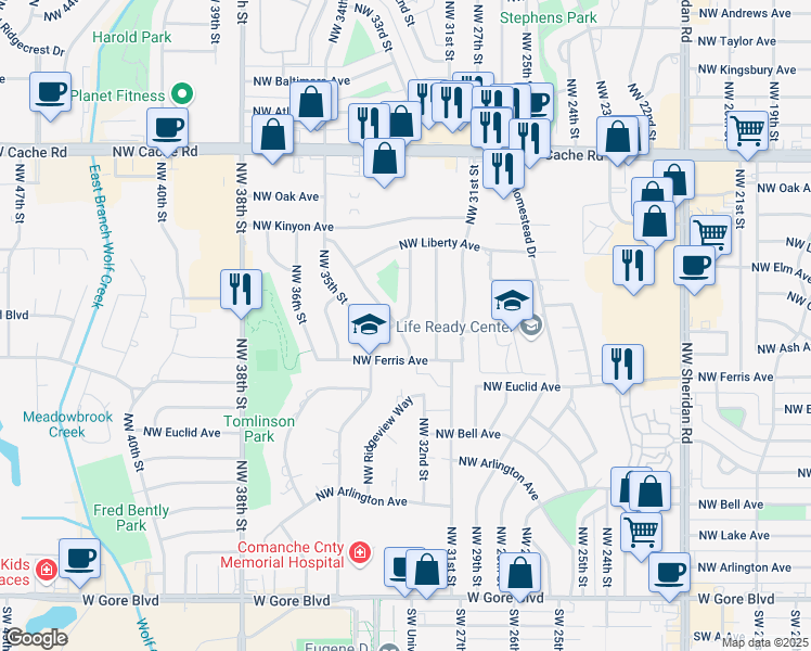 map of restaurants, bars, coffee shops, grocery stores, and more near 705 Northwest 34th Street in Lawton