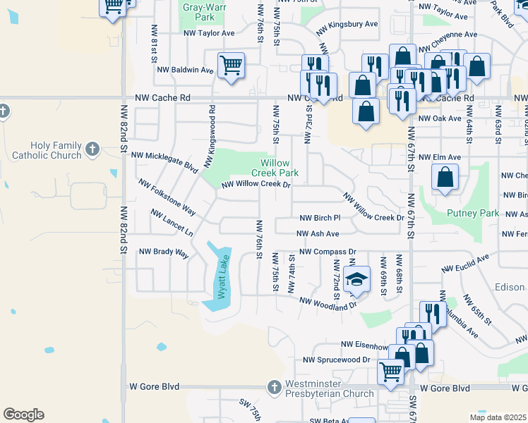 map of restaurants, bars, coffee shops, grocery stores, and more near 7601 Chesley Drive in Lawton