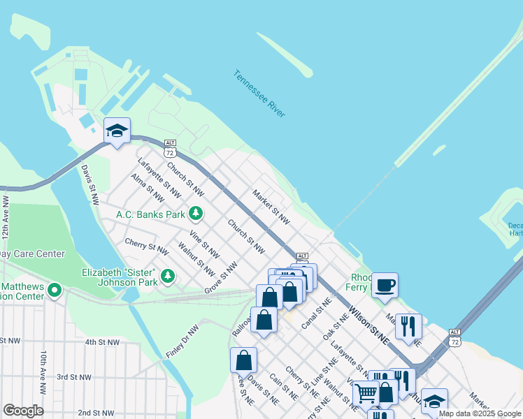 map of restaurants, bars, coffee shops, grocery stores, and more near 300 Market Street Northwest in Decatur