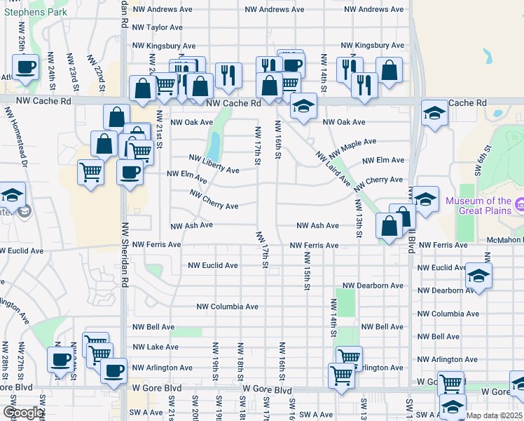 map of restaurants, bars, coffee shops, grocery stores, and more near 719 Northwest 17th Street in Lawton