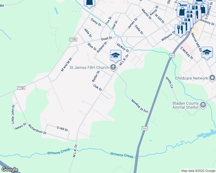map of restaurants, bars, coffee shops, grocery stores, and more near 1701 Martin Luther King Drive in Elizabethtown