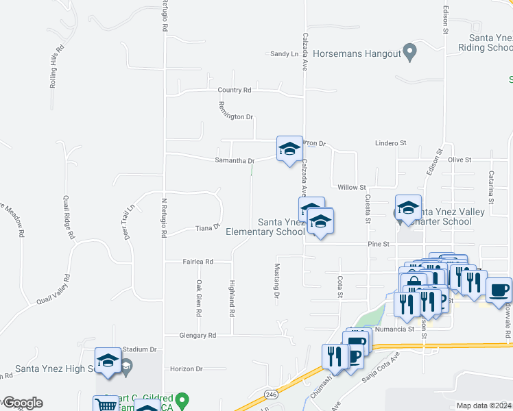 map of restaurants, bars, coffee shops, grocery stores, and more near 1292 Highland Road in Santa Ynez