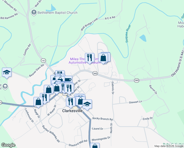 map of restaurants, bars, coffee shops, grocery stores, and more near 525 Grant St in Clarkesville