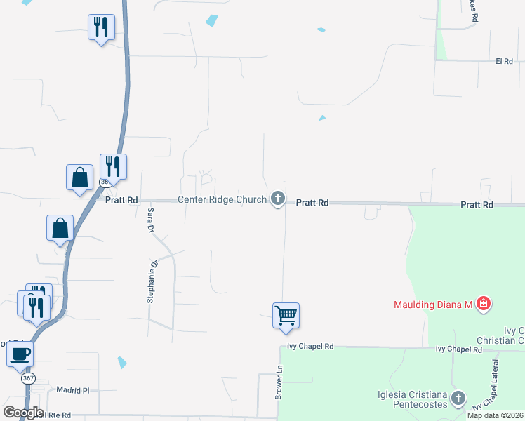 map of restaurants, bars, coffee shops, grocery stores, and more near 2210 Pratt Road in Little Rock