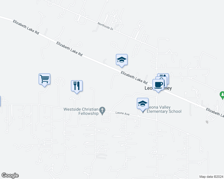 map of restaurants, bars, coffee shops, grocery stores, and more near 9250 Elizabeth Lake Road in Leona Valley