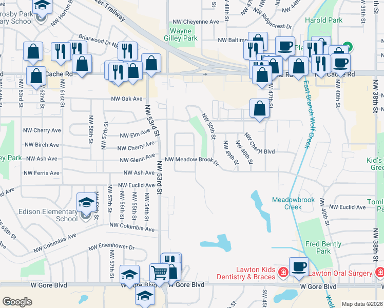 map of restaurants, bars, coffee shops, grocery stores, and more near in Lawton