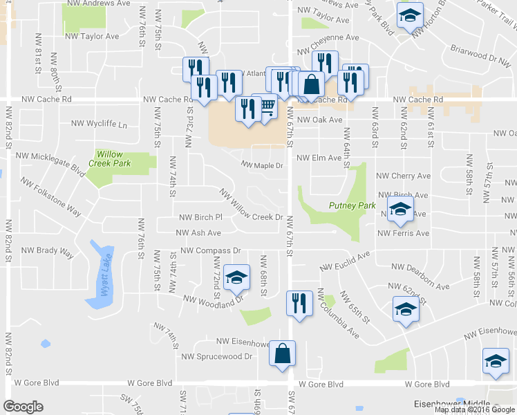 map of restaurants, bars, coffee shops, grocery stores, and more near 6861 Northwest Willow Springs Drive in Lawton
