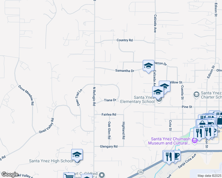 map of restaurants, bars, coffee shops, grocery stores, and more near 1375 Deer Trail Lane in Santa Ynez