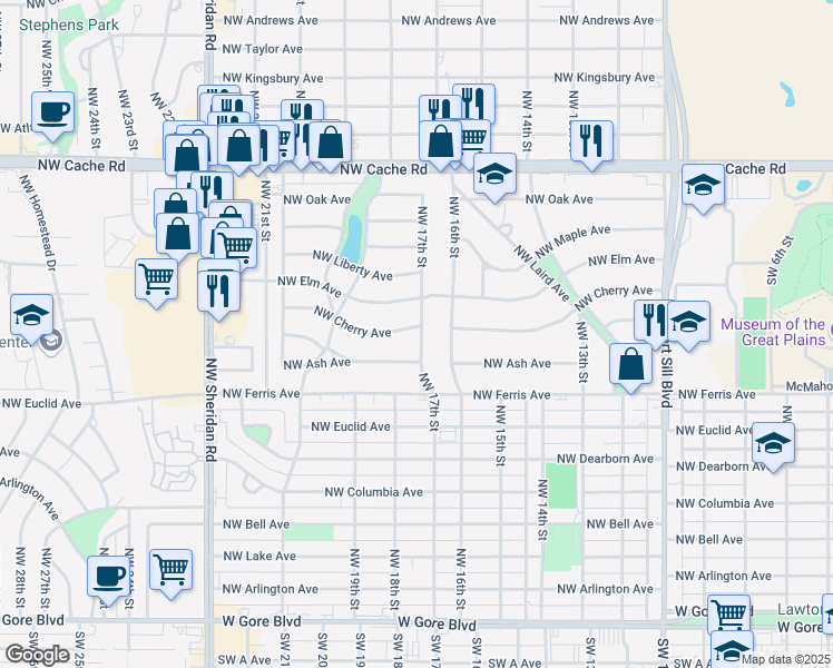 map of restaurants, bars, coffee shops, grocery stores, and more near 1702 Northwest Cherry Avenue in Lawton