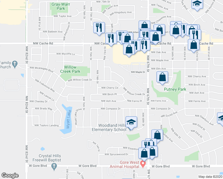 map of restaurants, bars, coffee shops, grocery stores, and more near 7214 Northwest Cherry Circle in Lawton