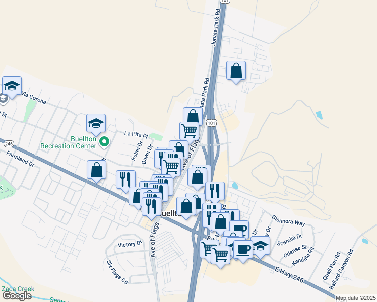 map of restaurants, bars, coffee shops, grocery stores, and more near 609 Avenue of Flags in Buellton
