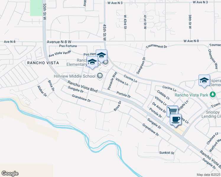 map of restaurants, bars, coffee shops, grocery stores, and more near 40514 Pinnacle Way in Palmdale