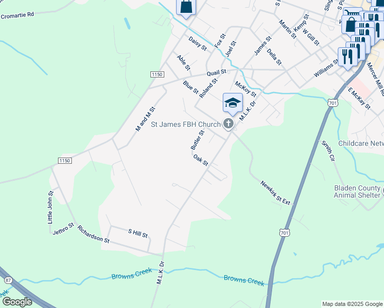 map of restaurants, bars, coffee shops, grocery stores, and more near Oak Street in Elizabethtown