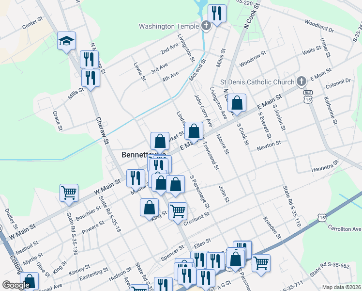 map of restaurants, bars, coffee shops, grocery stores, and more near 406 East Market Street in Bennettsville