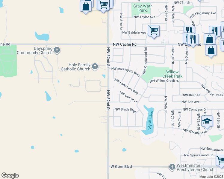map of restaurants, bars, coffee shops, grocery stores, and more near 801 Northwest 82nd Street in Lawton
