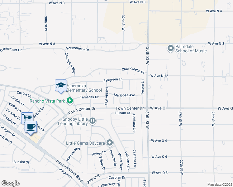 map of restaurants, bars, coffee shops, grocery stores, and more near 3227 Mariposa Avenue in Palmdale