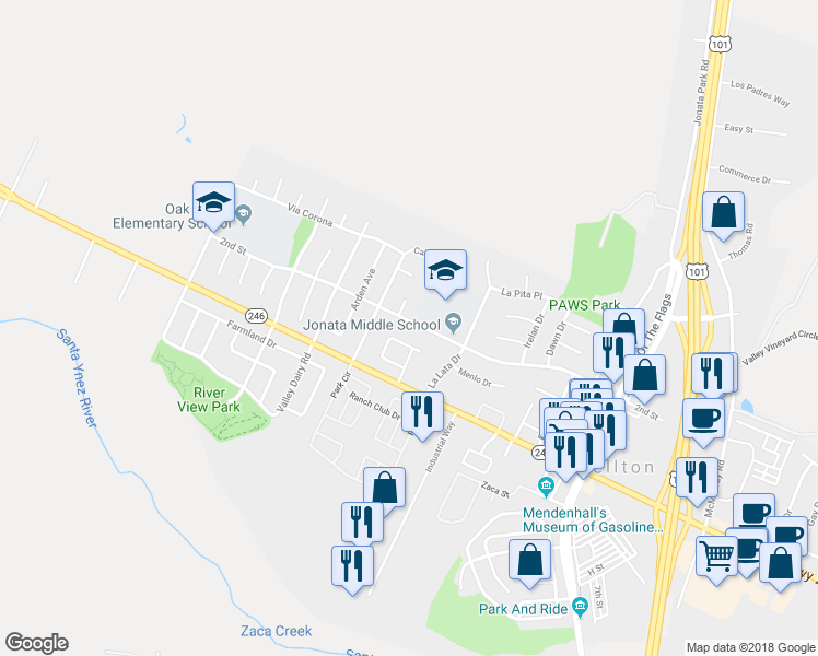 map of restaurants, bars, coffee shops, grocery stores, and more near 370 2nd Street in Buellton