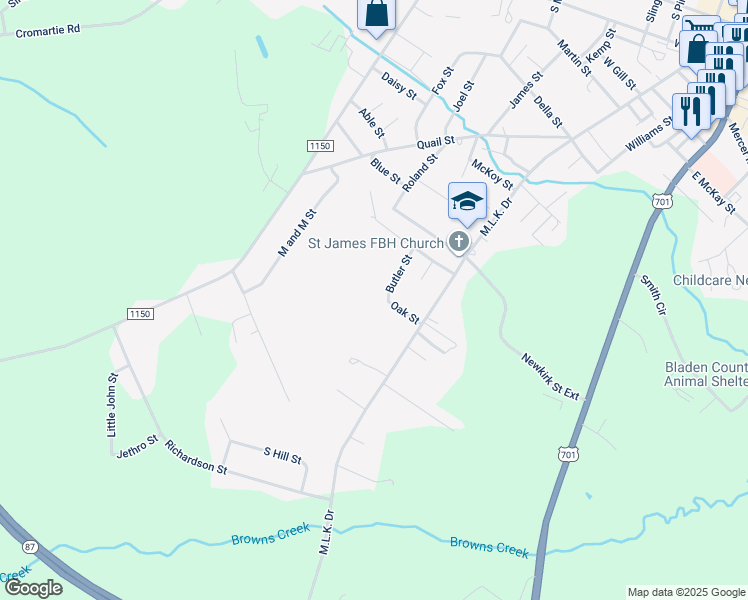 map of restaurants, bars, coffee shops, grocery stores, and more near 1904 Butler Mill Road in Bladenboro