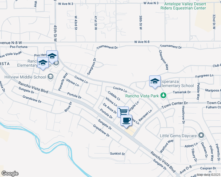 map of restaurants, bars, coffee shops, grocery stores, and more near 4022 Cocina Lane in Palmdale
