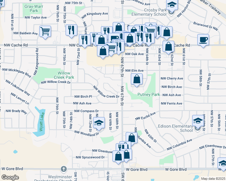 map of restaurants, bars, coffee shops, grocery stores, and more near 6818 Northwest Willow Springs Drive in Lawton