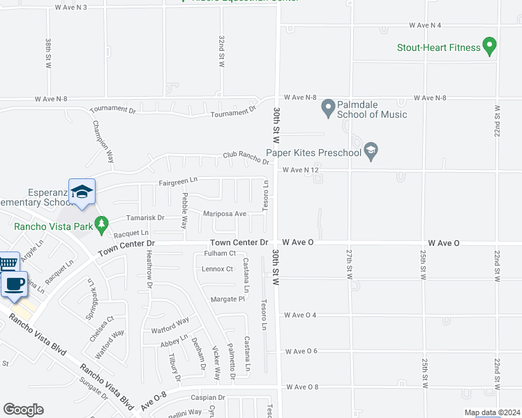 map of restaurants, bars, coffee shops, grocery stores, and more near 40508 Milan Drive in Palmdale
