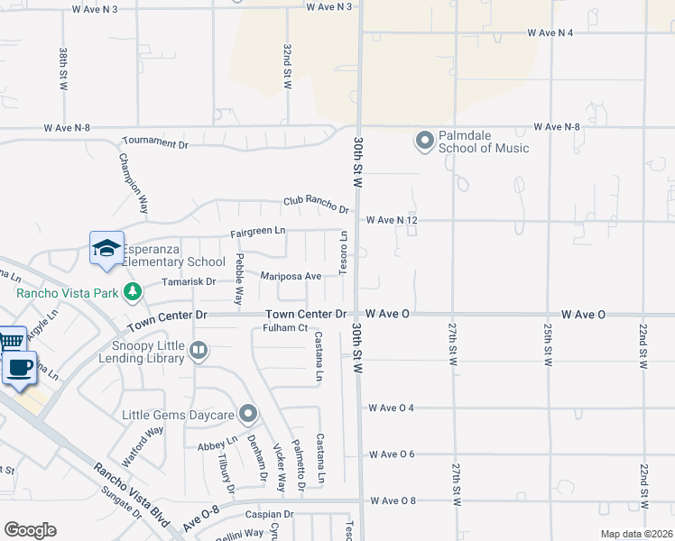map of restaurants, bars, coffee shops, grocery stores, and more near 3021 Mariposa Avenue in Palmdale