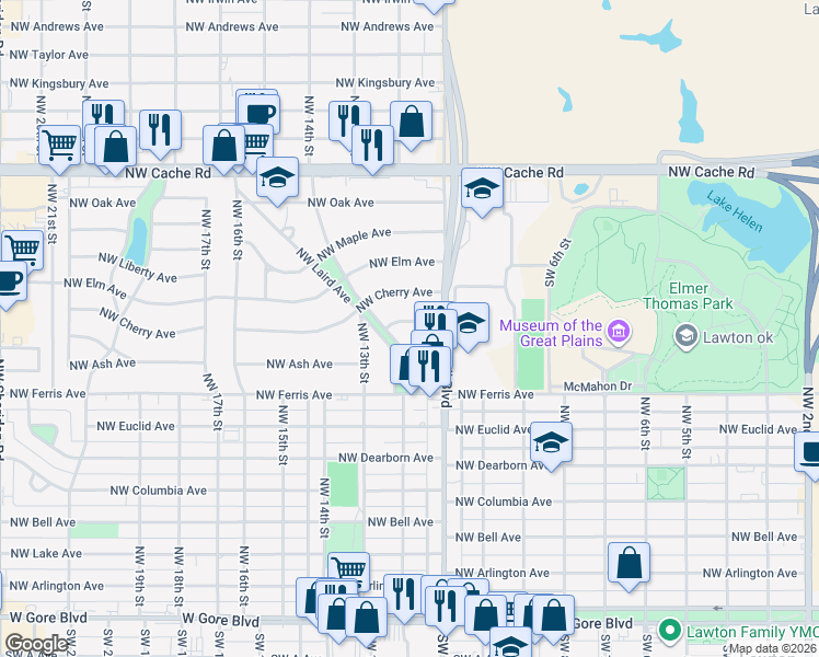 map of restaurants, bars, coffee shops, grocery stores, and more near 1109 Northwest Birch Avenue in Lawton