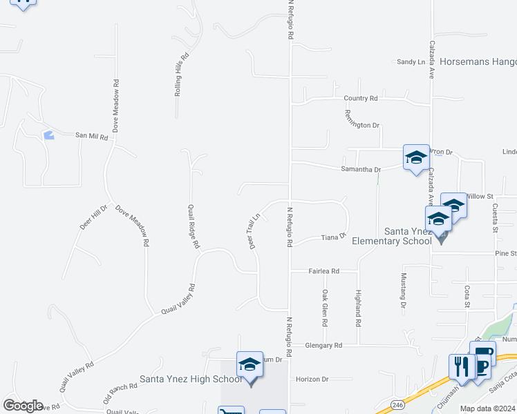 map of restaurants, bars, coffee shops, grocery stores, and more near 1259 Deer Trail Lane in Solvang