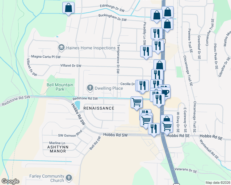 map of restaurants, bars, coffee shops, grocery stores, and more near 2500 Redstone Road Southwest in Huntsville