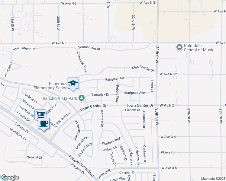 map of restaurants, bars, coffee shops, grocery stores, and more near 40454 La Quinta Court in Palmdale