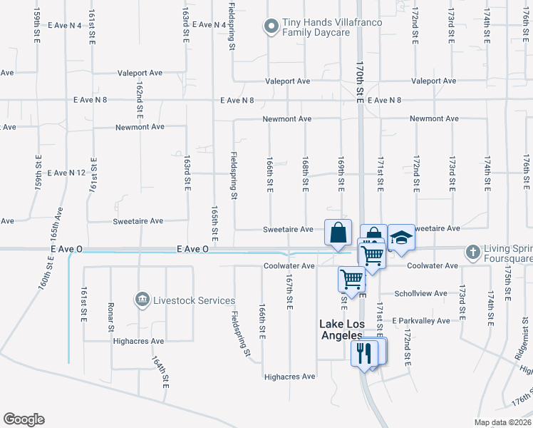 map of restaurants, bars, coffee shops, grocery stores, and more near 40525 166th Street East in Lancaster