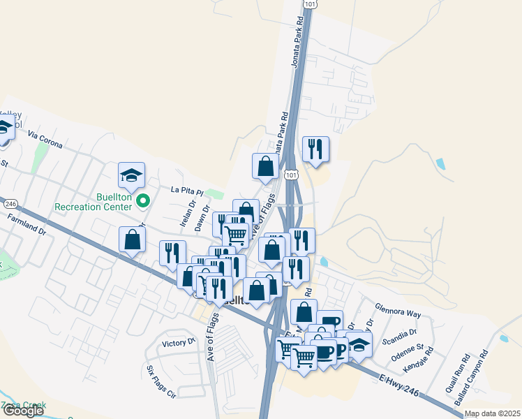 map of restaurants, bars, coffee shops, grocery stores, and more near 609 Avenue of Flags in Buellton