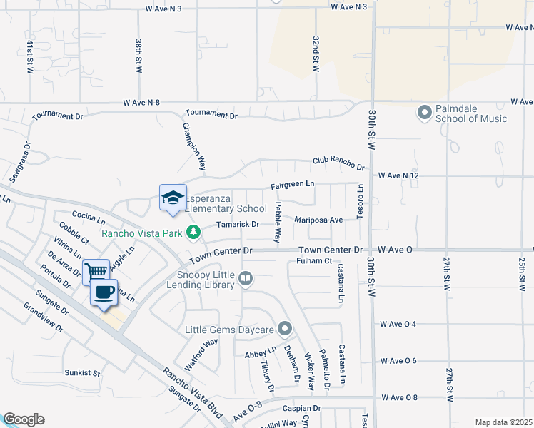 map of restaurants, bars, coffee shops, grocery stores, and more near 40454 La Quinta Court in Palmdale