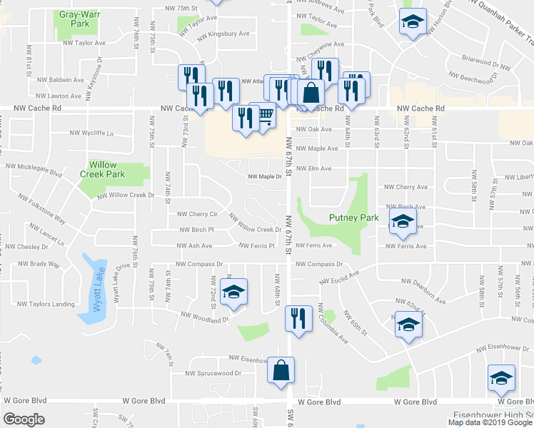 map of restaurants, bars, coffee shops, grocery stores, and more near 6820 Northwest Willow Springs Drive in Lawton