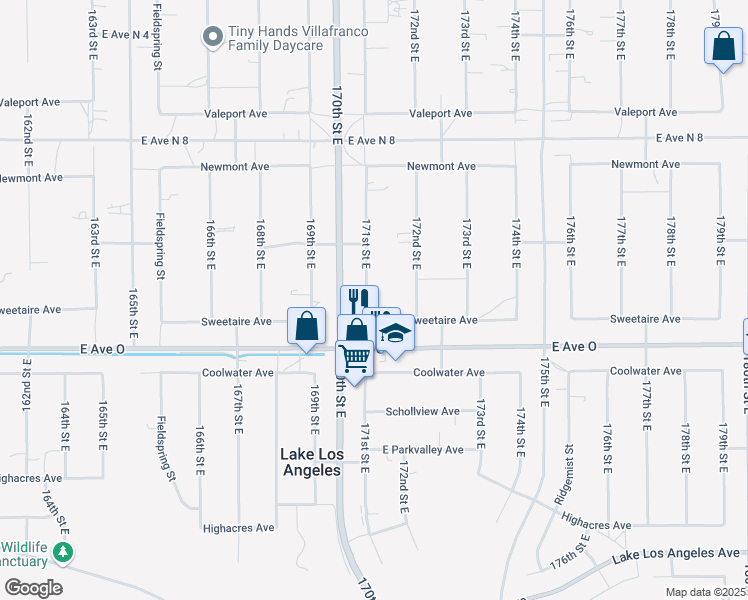 map of restaurants, bars, coffee shops, grocery stores, and more near 40524 171st Street East in Lancaster