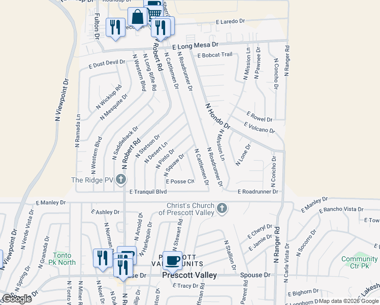 map of restaurants, bars, coffee shops, grocery stores, and more near 5214 North Squaw Drive in Prescott Valley