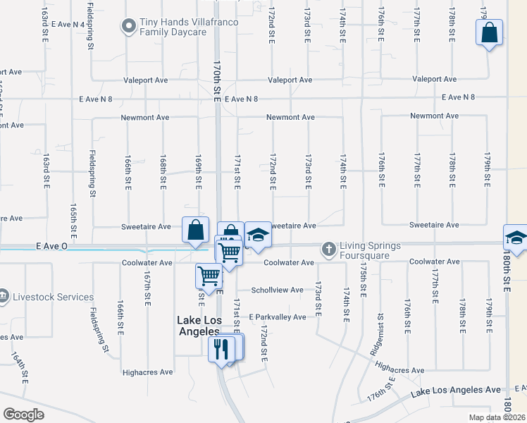 map of restaurants, bars, coffee shops, grocery stores, and more near 40536 172nd Street East in Lancaster