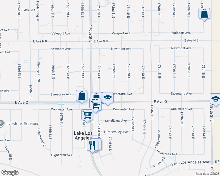 map of restaurants, bars, coffee shops, grocery stores, and more near 40523 172nd Street East in Lancaster