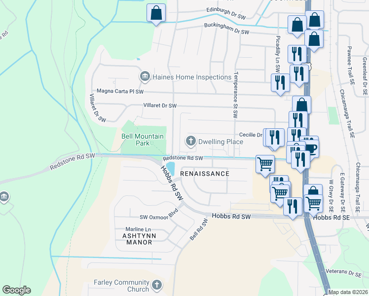 map of restaurants, bars, coffee shops, grocery stores, and more near 11023 Saint Alban Boulevard Southwest in Huntsville