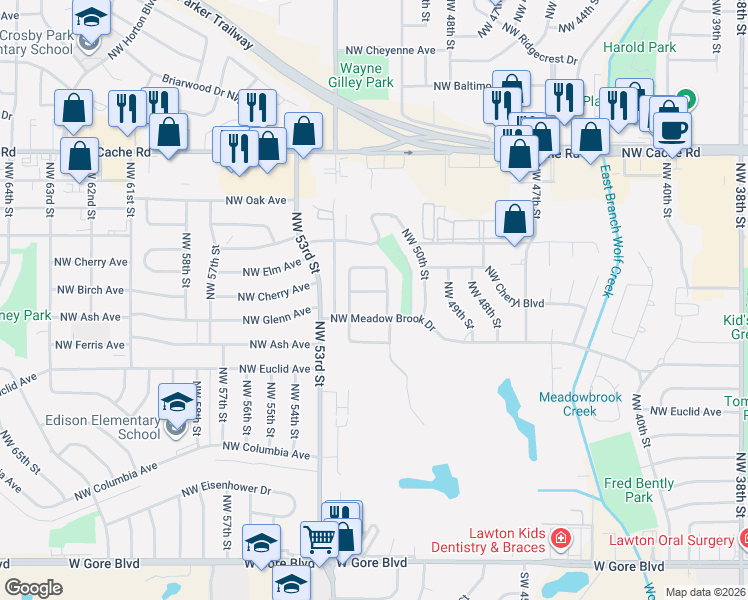 map of restaurants, bars, coffee shops, grocery stores, and more near 5103 Northwest Cherry Avenue in Lawton