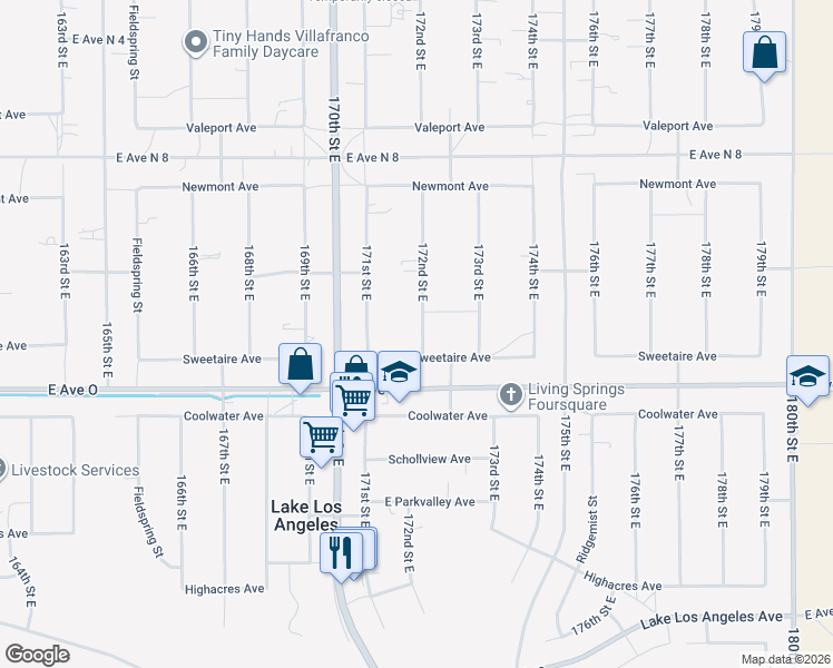 map of restaurants, bars, coffee shops, grocery stores, and more near 40523 172nd Street East in Lancaster