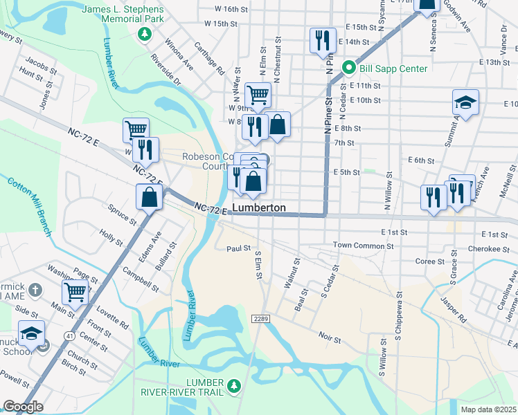 map of restaurants, bars, coffee shops, grocery stores, and more near in Lumberton