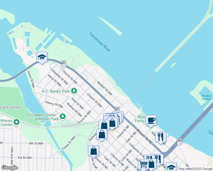 map of restaurants, bars, coffee shops, grocery stores, and more near 300 Market Street Northwest in Decatur