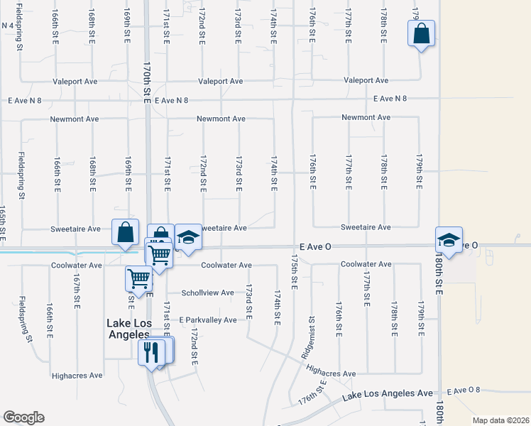 map of restaurants, bars, coffee shops, grocery stores, and more near 40525 174th Street East in Lancaster
