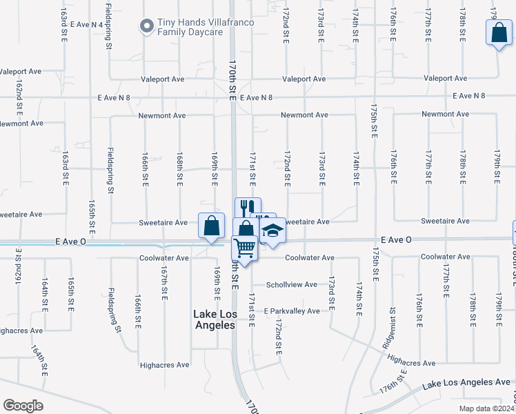 map of restaurants, bars, coffee shops, grocery stores, and more near 40524 171st Street East in Lancaster