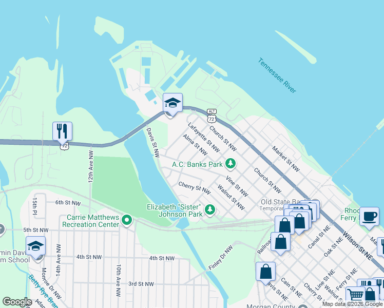 map of restaurants, bars, coffee shops, grocery stores, and more near 705 Geddis Street Northwest in Decatur