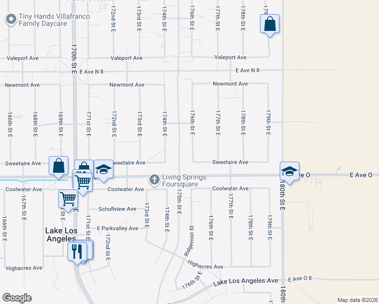 map of restaurants, bars, coffee shops, grocery stores, and more near 40531 176th Street East in Lancaster